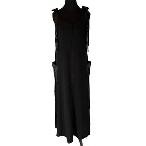 Black Ribbed Maxi Dress Bow Shoulders Side Pockets Size 16T Stretchy Material